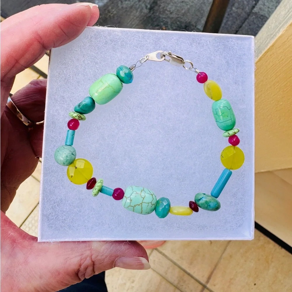 Handmade Turquoise & Aqua Gemstone Bracelet | Sterling Silver | 8”
